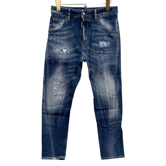 ディースクエアード デニムパンツ kenny jean S75LA0615 ロゴ金具 ペイント加工 クラッシュ加工 コットン ポリウレタン ブルー系 レディース サイズ40 DSQUARED2 【AFB41】