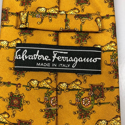 サルヴァトーレフェラガモ ネクタイ チーター 総柄 イエロー シルク100％ Salvatore Ferragamo【AFI18-2】