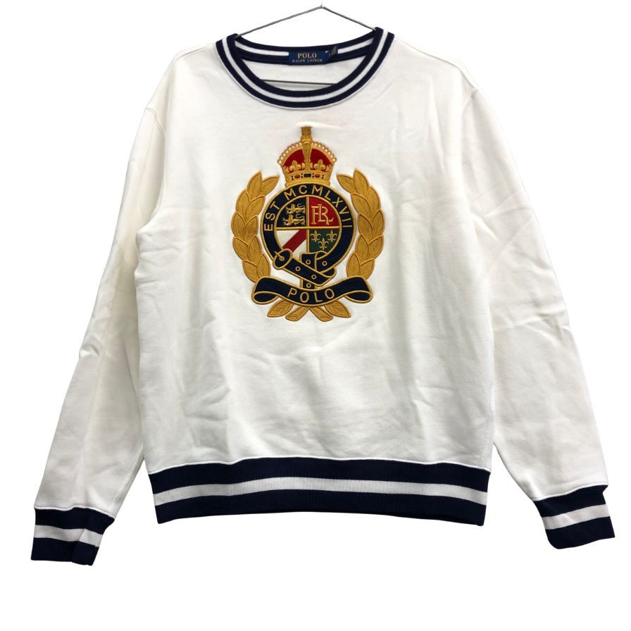 美品◆ポロ ラルフローレン 国内正規 エンブレム トップス 裏起毛 トレーナー メンズ サイズL ホワイト Polo Ralph Lauren 【AFB43】