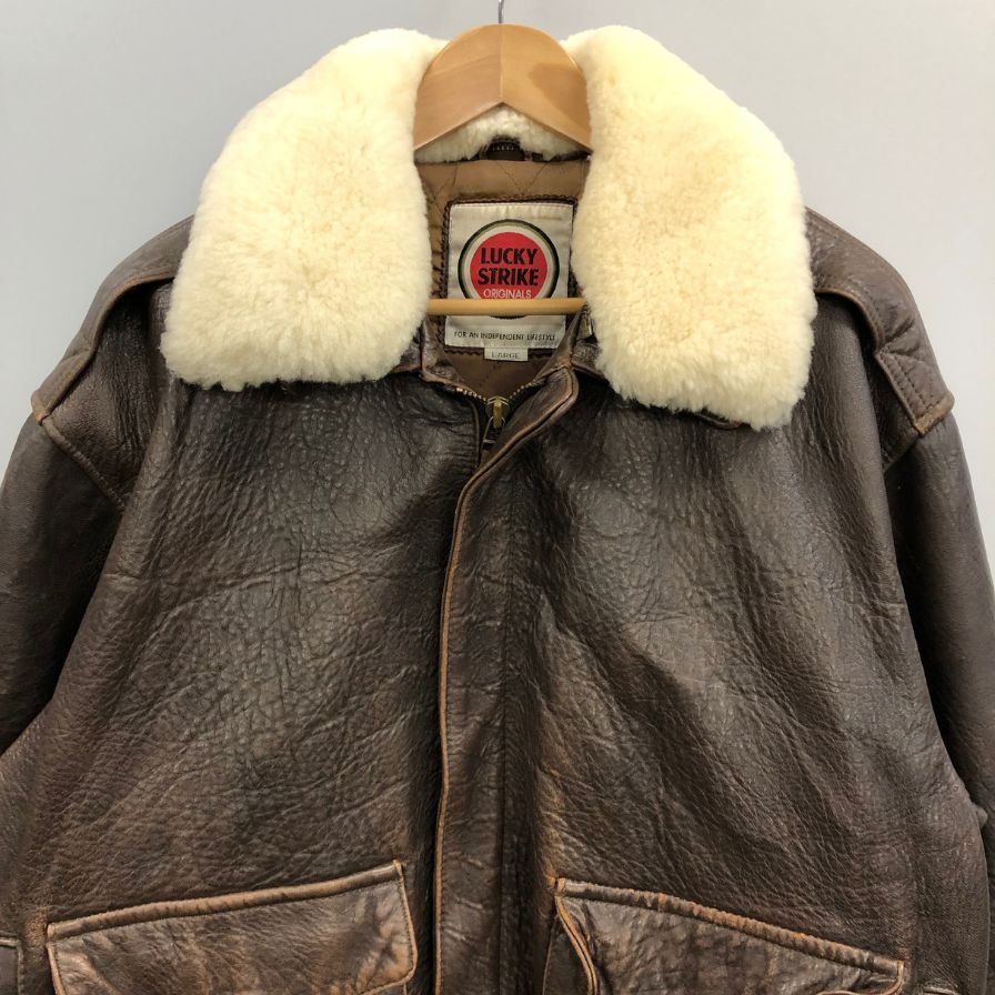 中古◆ラッキーストライク フライトジャケット シープスキン ボア襟付き ブラウン サイズL LUCKY STRIKE 【AFG1】