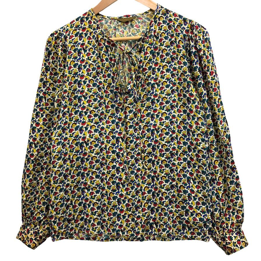 美品◆イヴ サンローラン ブラウス 総柄 シルク デザイン 長袖 カットソー マルチカラー レディース サイズ34 YVES SAINT LAURENT 【AFB6】