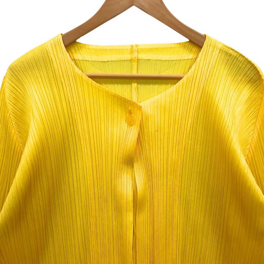 美品◆プリーツプリーズ イッセイミヤケ カーディガン 1B イエロー レディース サイズ3 PP01-JO126 PLEATS PLEASE ISSEY MIYAKE 【AFB17】