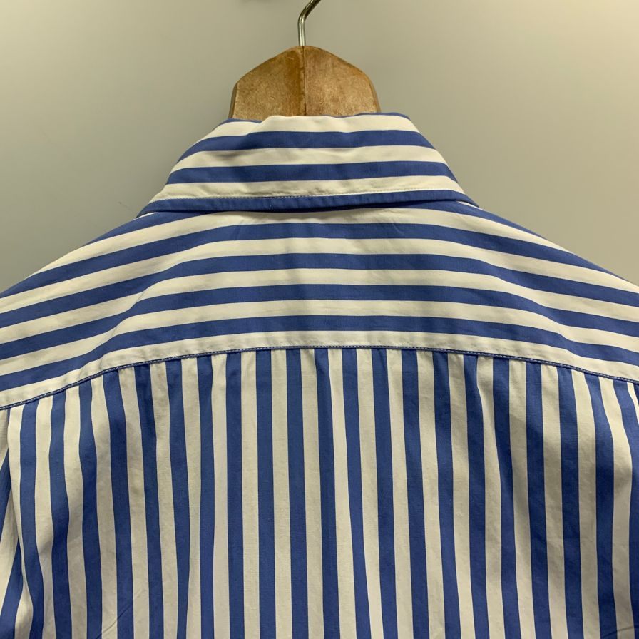 美品◆ラルフローレン シャツ パープルレーベル ロゴ刺繍 ストライプ コットン ブルー系 メンズ サイズ165/88A RALPH LAUREN 【AFB11】
