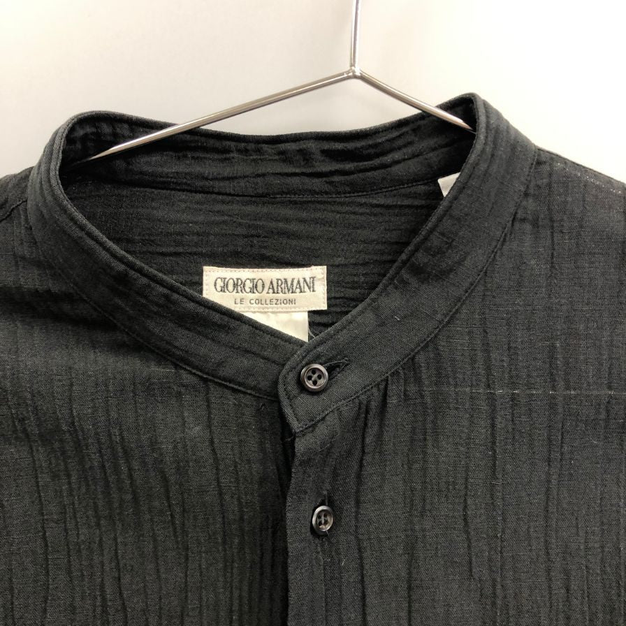 極美品◆ジョルジオ アルマーニ ノーカラー 長袖シャツ ストライプ織柄 ブラック サイズM GIORGIO ARMANI 【AFB12】