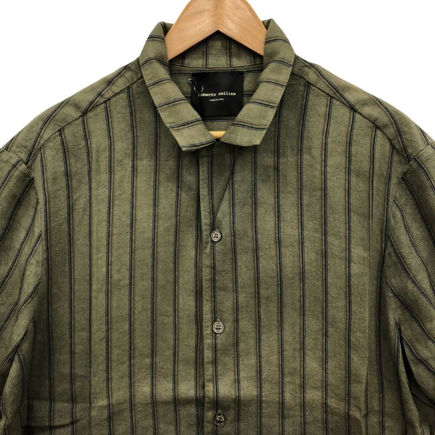 美品◆ロベルト コリーナ 半袖シャツ ボタン ストライプ  メンズ カーキ サイズ48 ROBERTO COLLINA 【AFB19】