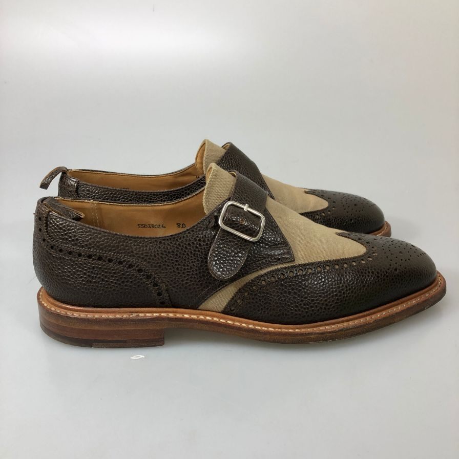 ブルックス ブラザーズ レザーシューズ  シングルストラップ ウイングチップ グレインレザー×キャンバス コンビ クロケット＆ジョーンズ メンズ サイズUK8D ブラウン BROOKS BROTHES 約26.5cm【AFC9-2】