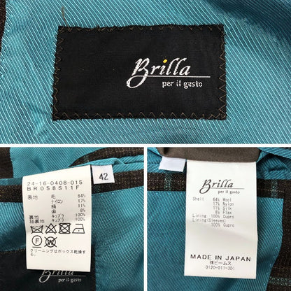 美品◆ブリッラ ペル イル グスト テーラードジャケット チェック柄 ブラウン サイズ42 メンズ Brilla per il gusto 【AFB47】