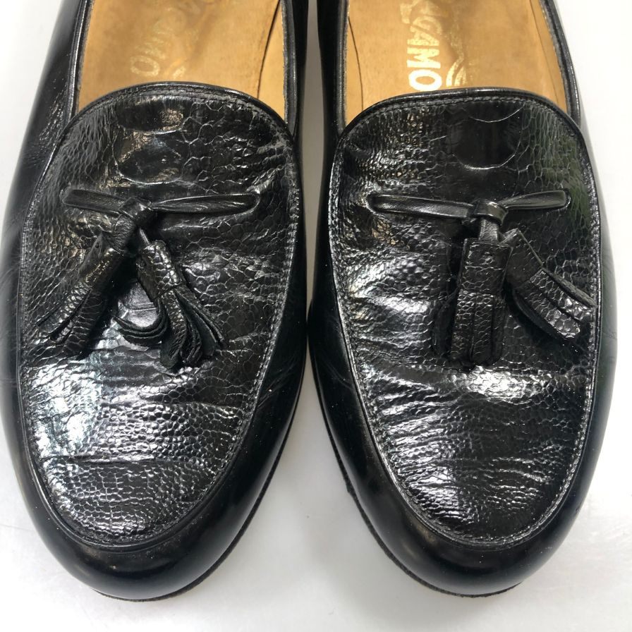 フェラガモ タッセルローファー パイソン ブラック メンズ サイズ6.5 Salvatore Ferragamo 約25.0cm【AFC33】