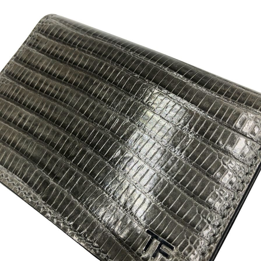 トムフォード レザー 二つ折り名刺れ カードケース リザード型押し メンズ グレー系 TOM FORD【AFI2】