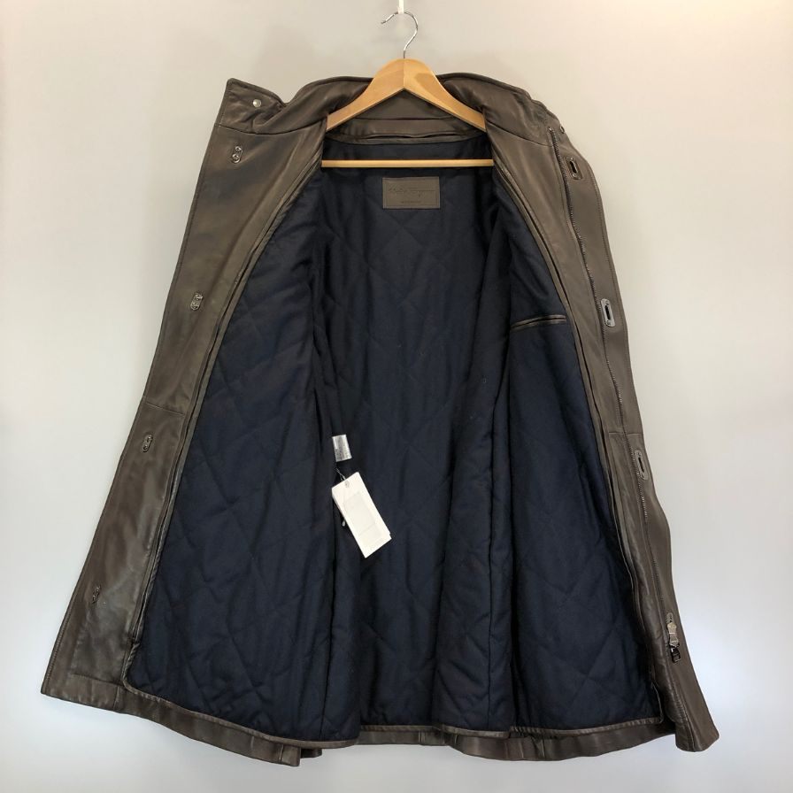 極美品◆サルヴァトーレ フェラガモ ラムレザーコート ガンチーニボタン レディース サイズ54 ブラウン  Salvatore Ferragamo 【AFG1】