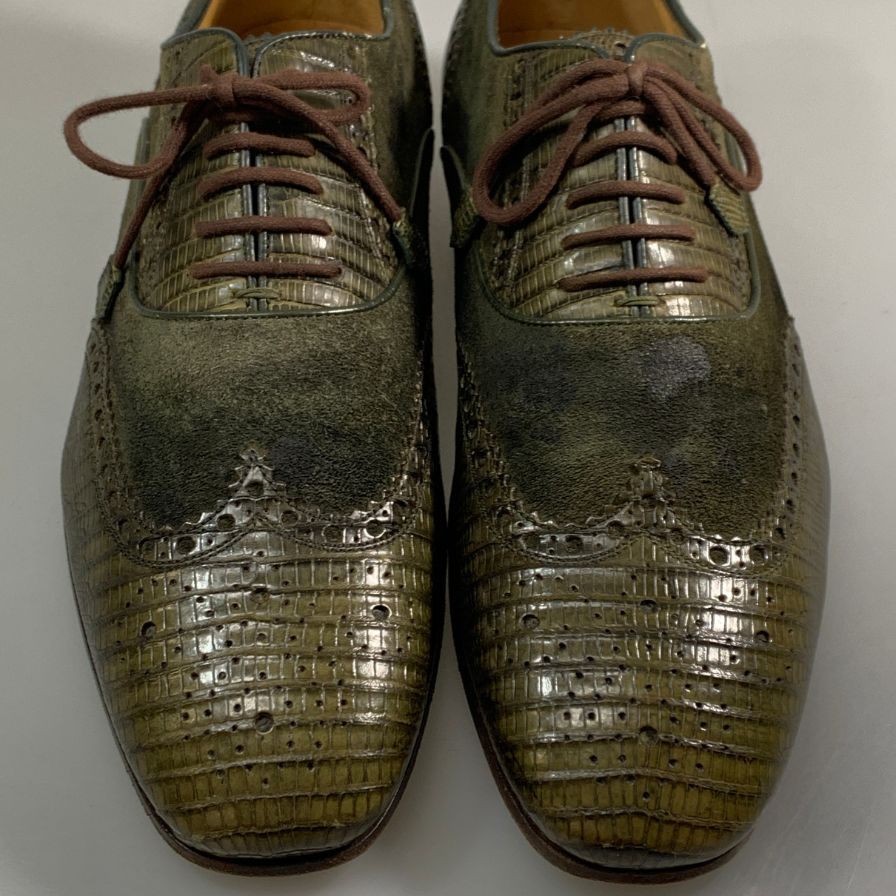 グッチ リザード スエードコンビ シューズ グリーン メンズ サイズ6.5 GUCCI 約25.5cm【AFC35】