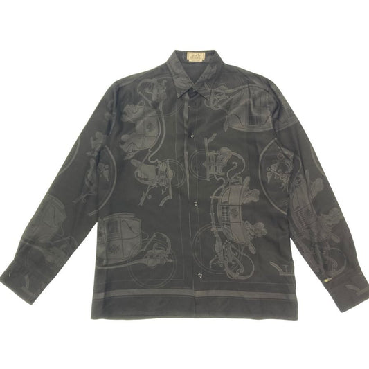 Hermes shirt long sleeve all over pattern 100% silk size 42 black HERMES [AFB22] 