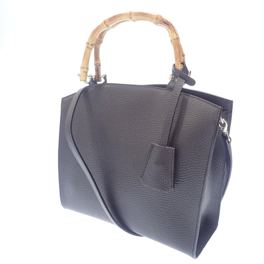 Very good condition◆No brand bamboo handle leather bag black [AFE5] 