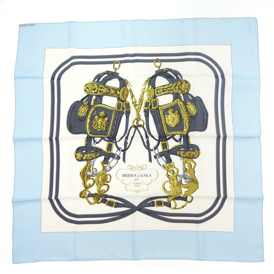 Good Condition◆Hermes Carre 90 Scarf Silk BRIDES de GALA Ceremony Bridle Light Blue Box Included HERMES [AFI23] 