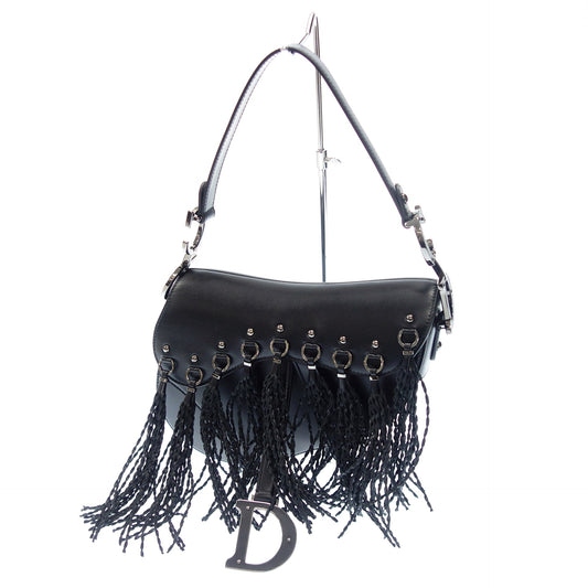 Christian Dior Saddle Bag SAC Fringe Calfskin Leather Black Christian Dior [AFE8] 