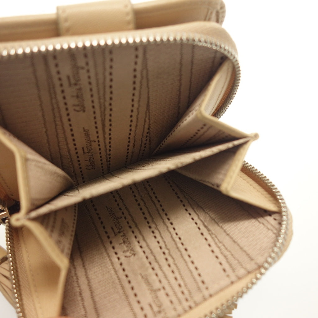 Used ◆Salvatore Ferragamo wallet tassel round zipper pink beige leather Salvatore Ferragamo [AFI8] 