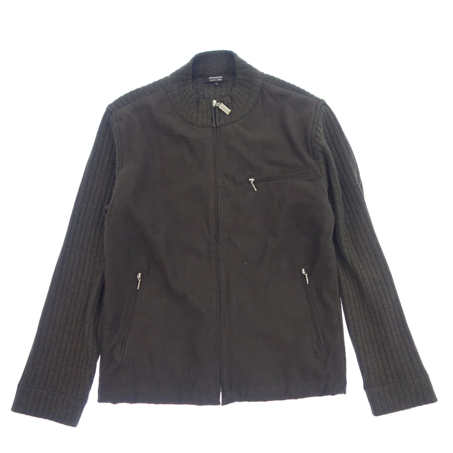 中古◆バーバリー ブラックレーベル ニットジャケット ジップアップ スエードレザー レディース サイズ2 ブラウン BURBERRY BLACK LABEL【AFB40】