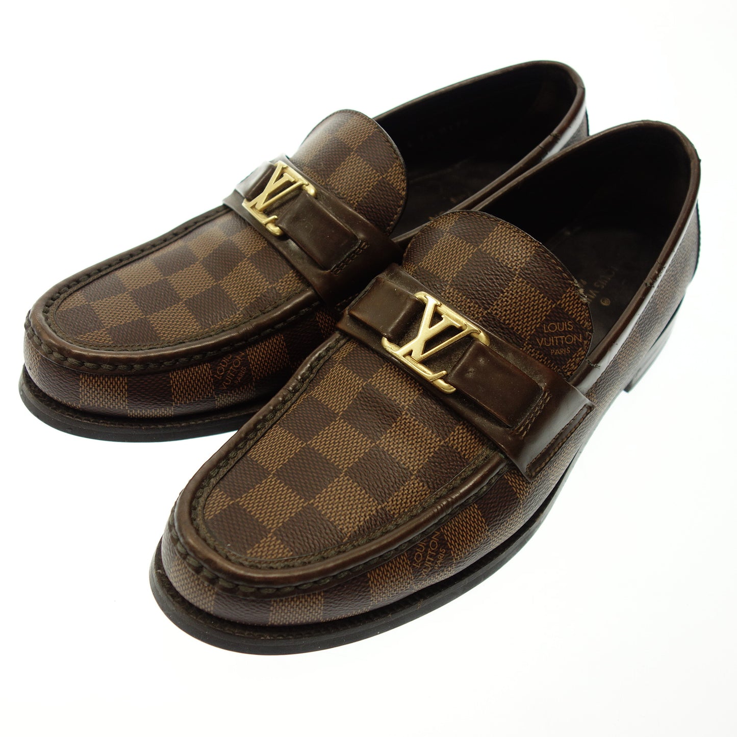 中古◆ルイヴィトン レザーローファー ダミエ メジャーライン ロゴ金具 FA0179 メンズ 6.5 茶系 LOUIS VUITTON【AFC48】