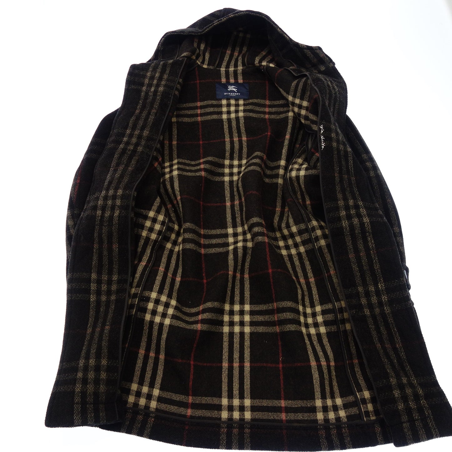 バーバリー ダッフルコート ノバチェック フード付き メンズ ブラウンブラック系 LL BURBERRY【AFA18】【中古】