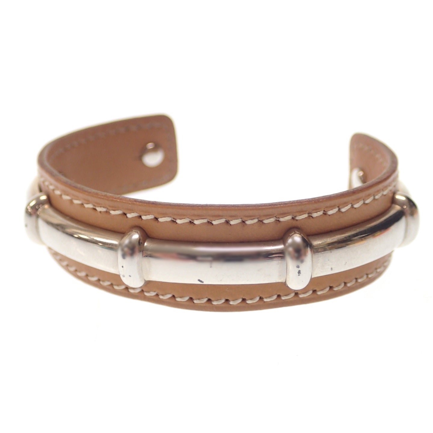 Used ◆Hermes Bracelet Bangle Leather Agata Silver Metal Fittings □M Engraved Brown HERMES [LA] 