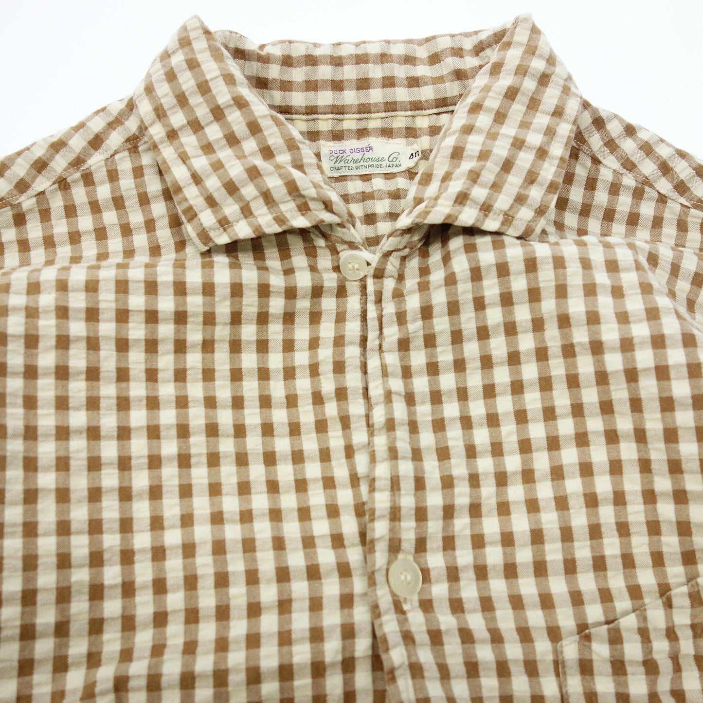 WAREHOUSE Short Sleeve Shirt Duck Digger Seersucker Italian Collar Gingham Check 40 Men's Brown WAREHOUSE [AFB9] [Used] 