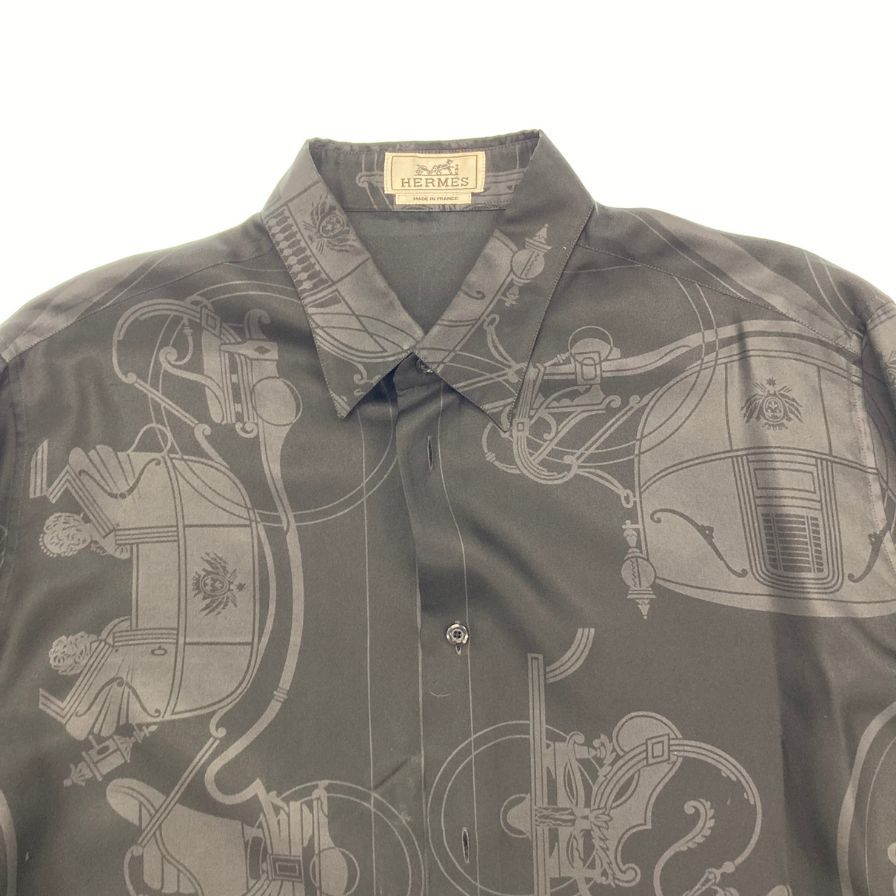 Hermes shirt long sleeve all over pattern 100% silk size 42 black HERMES [AFB22] 