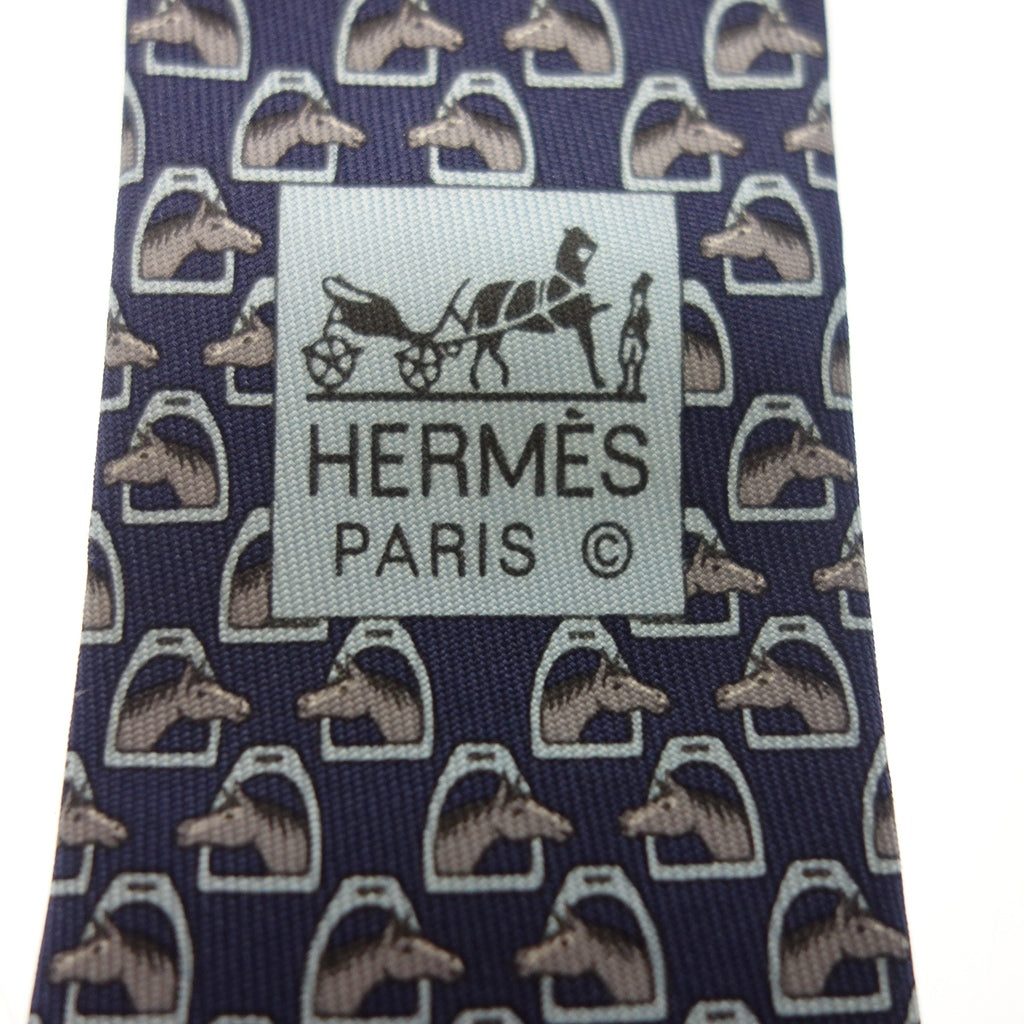 美品◆エルメス ネクタイ 606091 総柄 ホーストーク シルク ネイビー HERMES【AFI5】