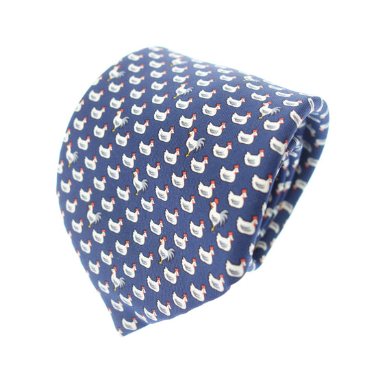 Very good condition◆Hermes tie chicken pattern men's blue HERMES [AFI21] 