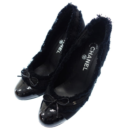 CHANEL heel pumps ruffle satin here mark ladies 38 black CHANEL [AFD4] [Used] 