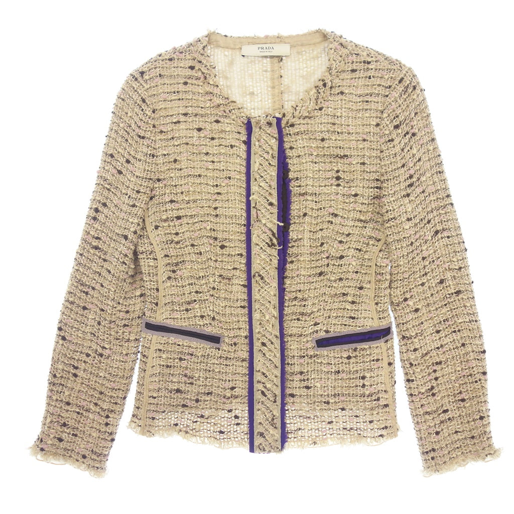 Good condition◆Prada Collarless Jacket Tweed Cotton x Wool Ladies Beige Size 40 PRADA [AFB29] 