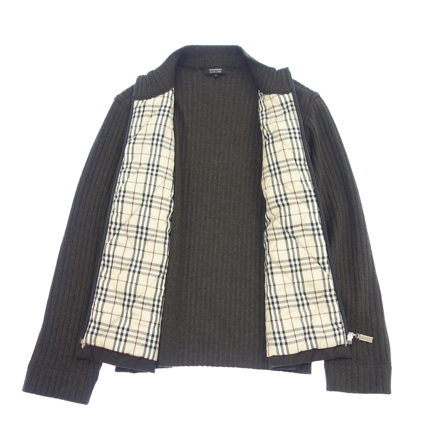 中古◆バーバリー ブラックレーベル ニットジャケット ジップアップ スエードレザー レディース サイズ2 ブラウン BURBERRY BLACK LABEL【AFB40】