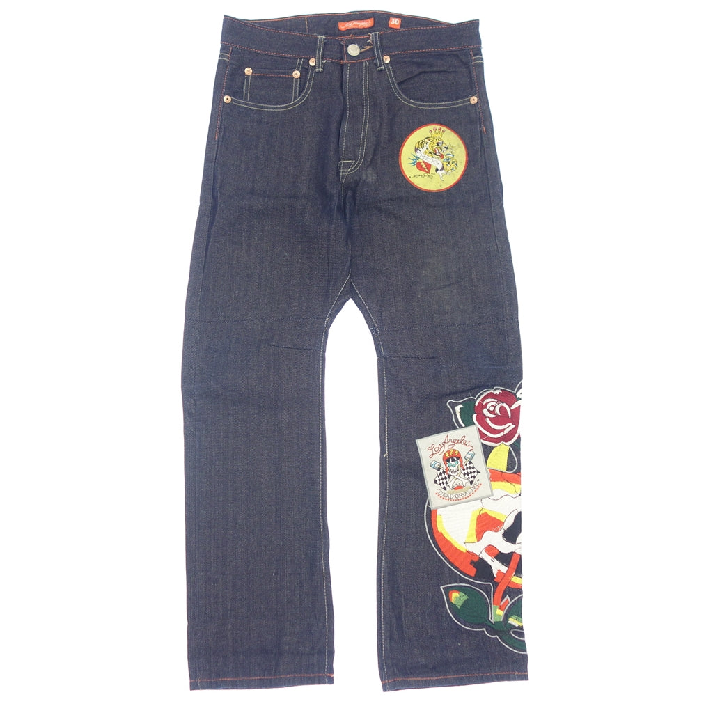 Used Ed Hardy Denim Denim Pants with Embroidery &amp; Patches Lot2007 Men's Size 30 Indigo Ed Hardy DENIM [AFB51] 