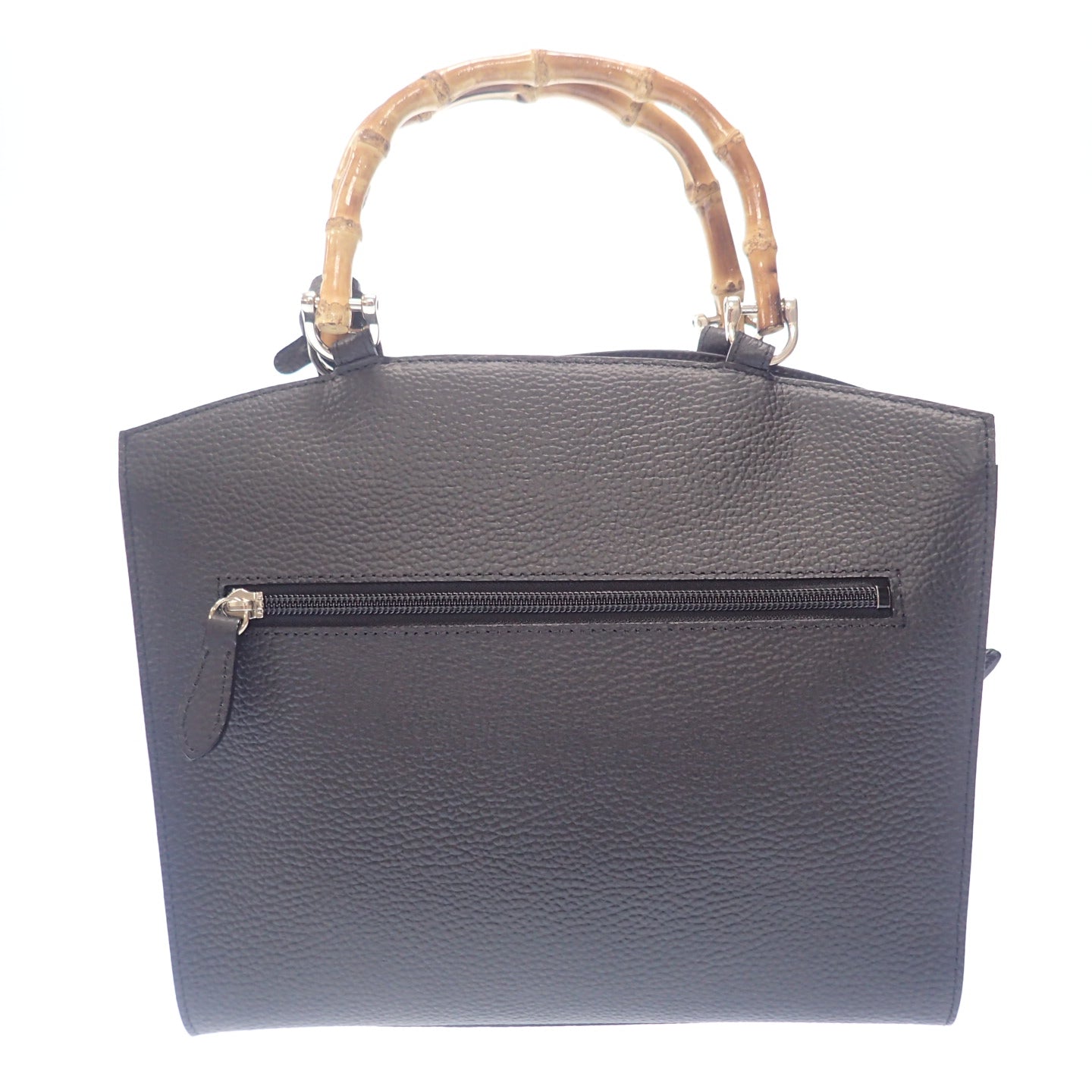 Very good condition◆No brand bamboo handle leather bag black [AFE5] 