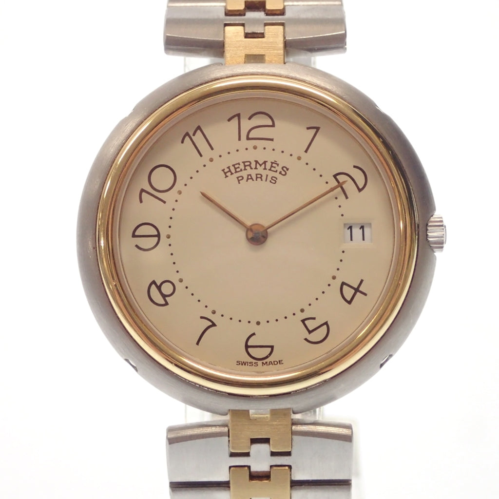 Used ◆Hermes watch profile quartz ivory dial date silver x gold 353611 with box HERMES [AFI18] 