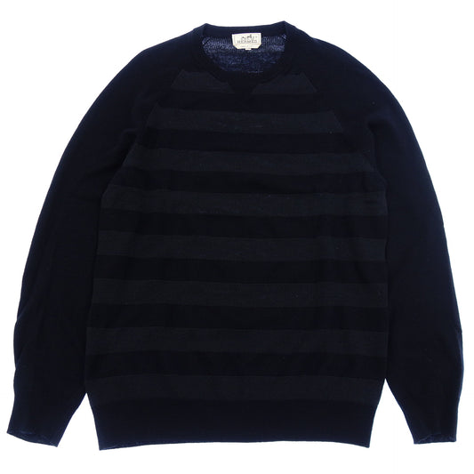 Hermes Knit Sweater Border Cashmere Blend Men's Navy/Gray XL HERMES [AFB41] [Used] 