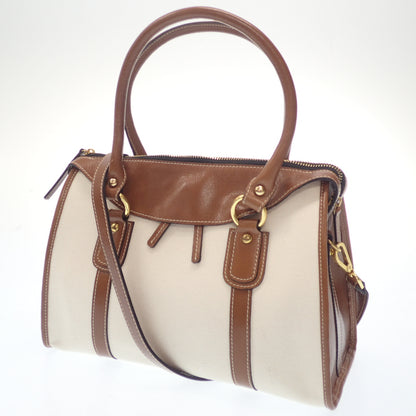 Very good condition◆No brand leather x canvas handbag brown white [AFE5] 