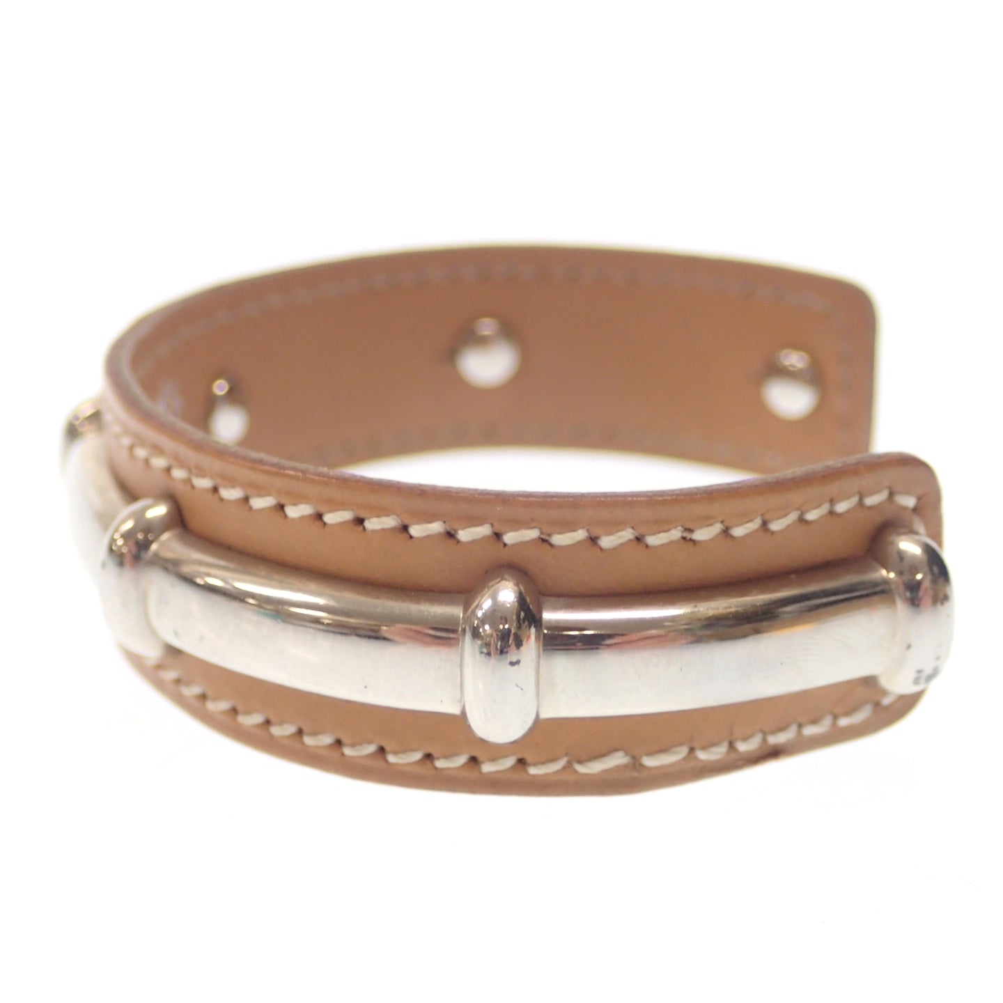 Used ◆Hermes Bracelet Bangle Leather Agata Silver Metal Fittings □M Engraved Brown HERMES [LA] 