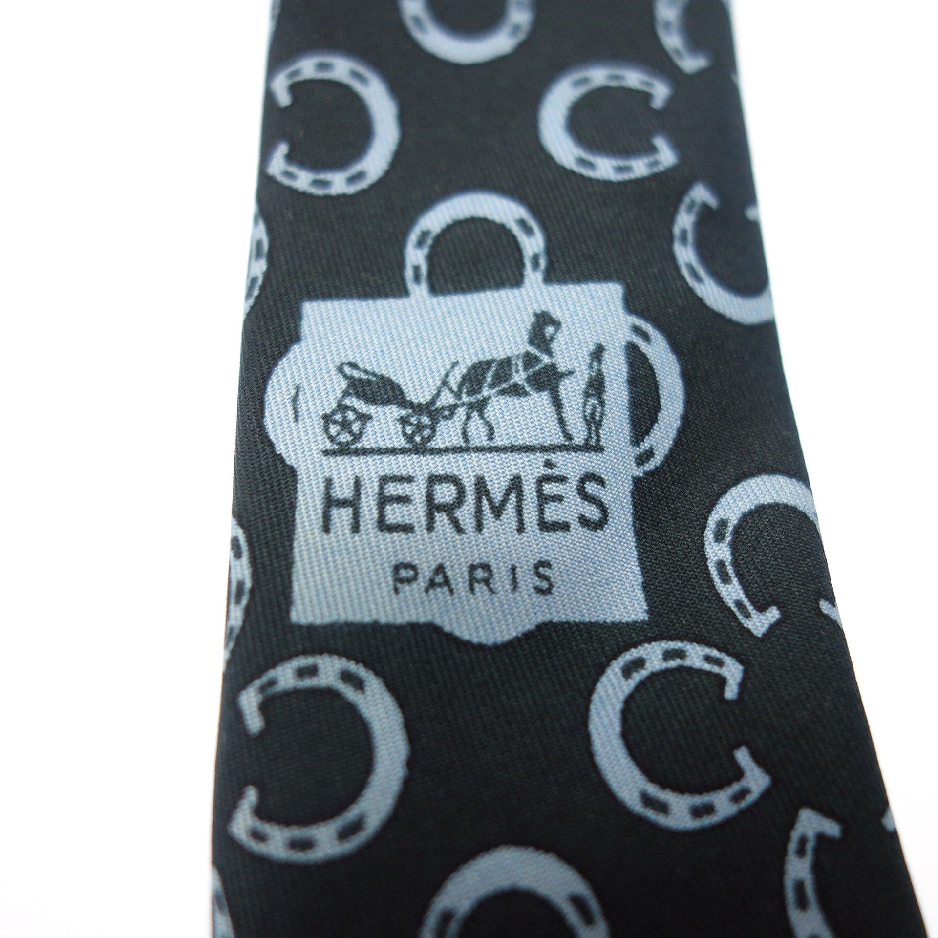 中古◇エルメス ネクタイ 馬蹄 総柄 シルク ネイビー系 HERMES【AFI5