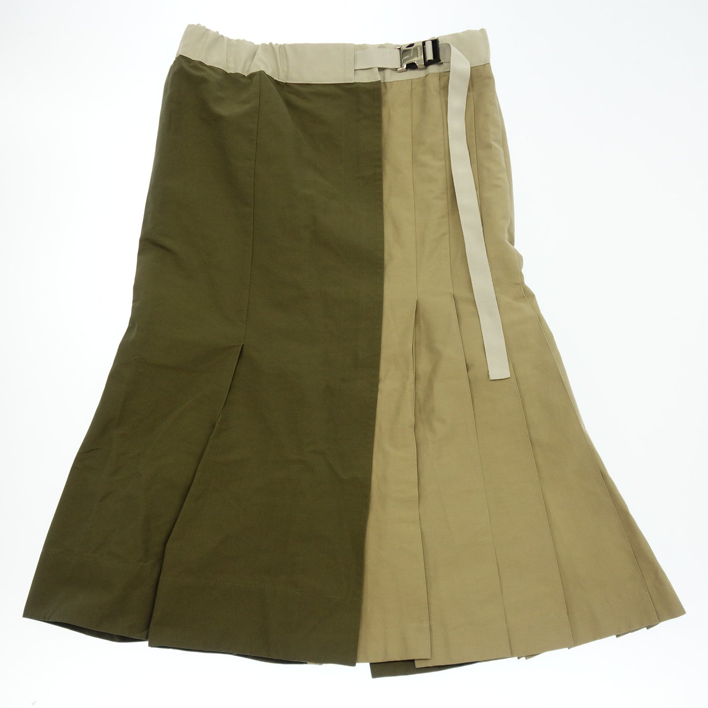 Good Condition◆Sacai Pleated Skirt Bicolor Belt 22-06393 Khaki Beige Size 3 Women's Sacai [AFB32] 