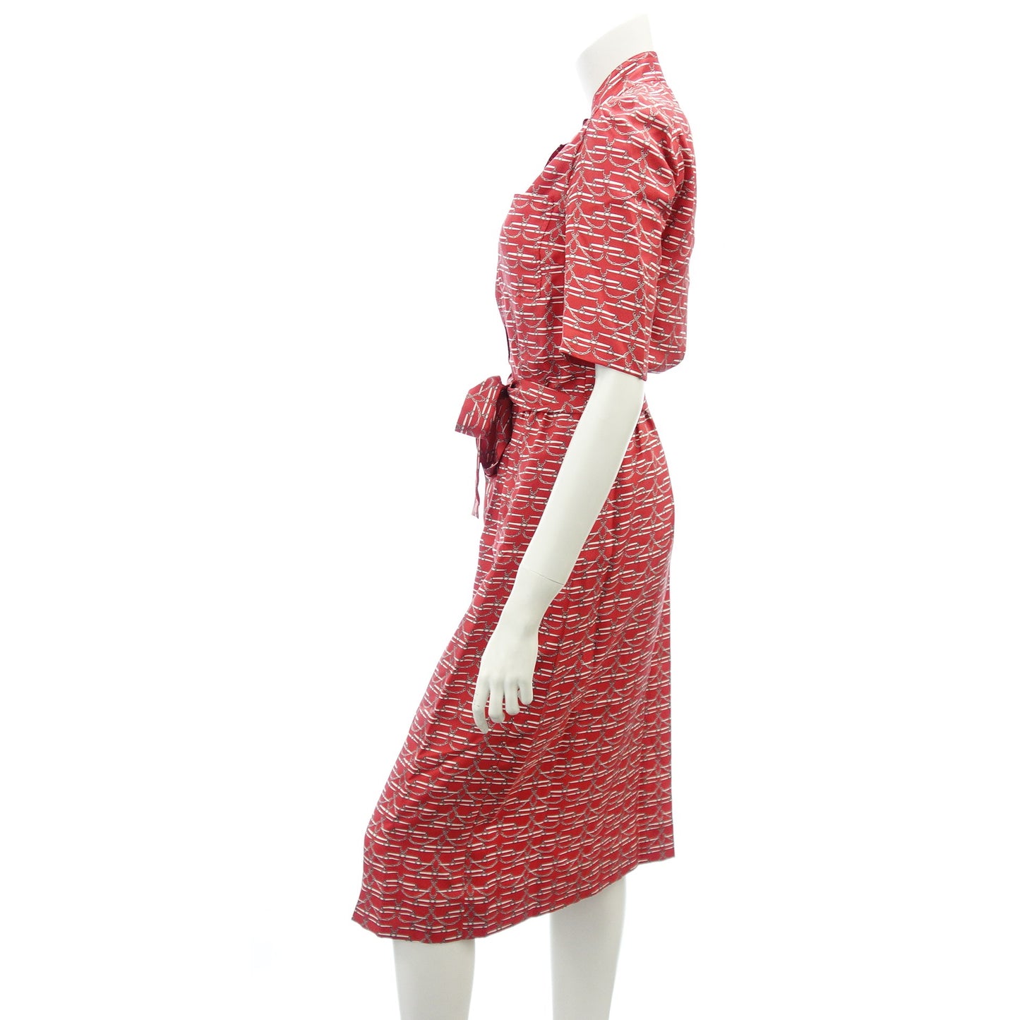 品相良好◆爱马仕丝绸连衣裙链带图案带腰带女式红色尺寸 36 HERMES [AFB51] 