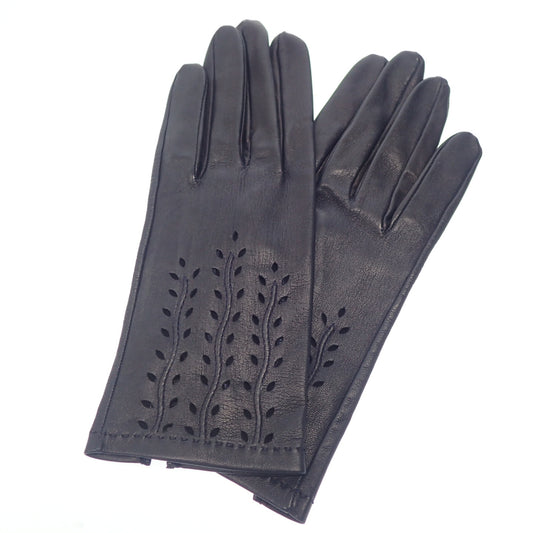 Good condition◆Hermes leather gloves punching leather ladies size 7.5 navy with box HERMES [AFI18] 