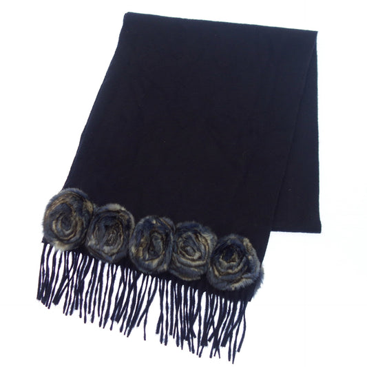 Good condition ◆ Fendi scarf stole flower motif chinchilla fur cashmere dark navy FENDI [AFI23] 