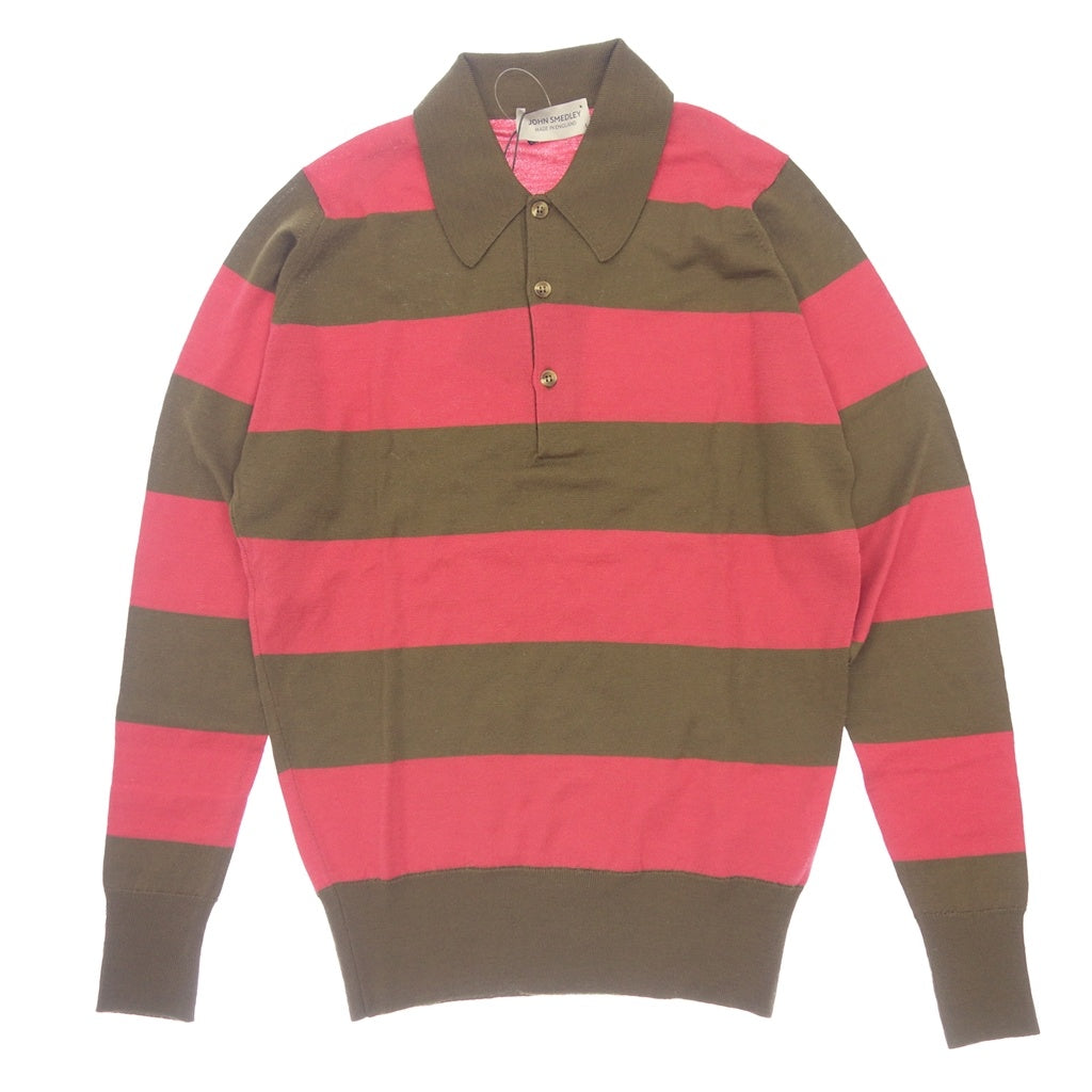 Very good condition ◆ JOHN SMEDLEY Polo Shirt Border Merino Wool Long Sleeve Men's Pink Khaki Size S JOHN SMEDLEY [AFB24] 