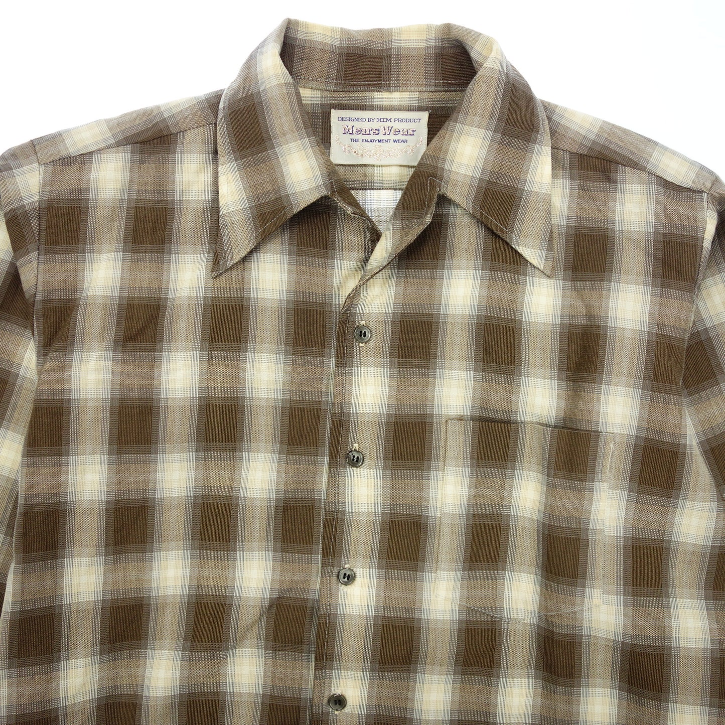 Good Condition◆HIM Product Long Sleeve Open Collar Shirt Ombre Check Vintage 60's Men's Beige x Brown HIM PRODUCT [AFB6] 