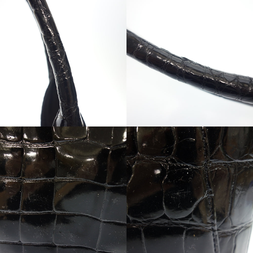 Used ◆JRA certified no brand shiny crocodile handbag tote bag black with JRA tag [AFE4] 