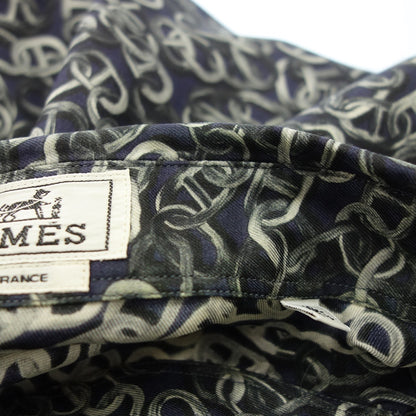 Used ◆Hermes long sleeve shirt 100% silk Chaine d'Ancre pattern sleeve serie button size 42 men's navy HERMES [AFB17] 