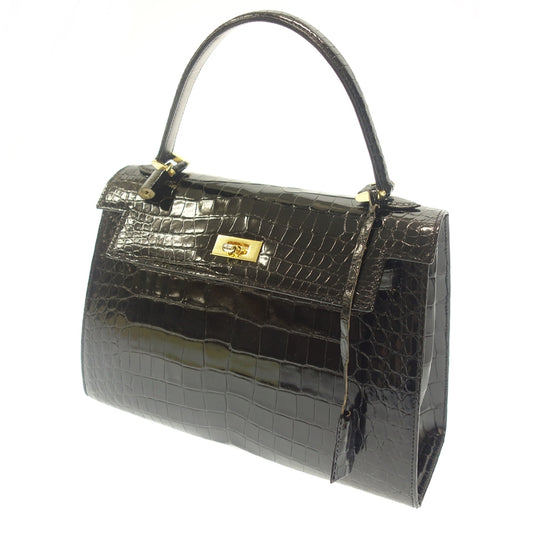 Very good condition Shiny crocodile handbag Kelly type JRA booklet included Black gold hardware with padlock and key [AFE6] 