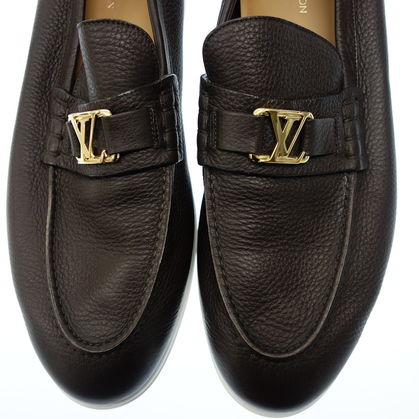 Very good condition ◆Louis Vuitton leather loafer LV metal fittings calfskin men's 8 brown LOUIS VUITTON [AFC44] 