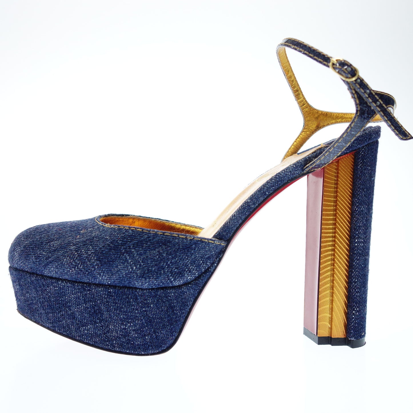 Christian Louboutin Square Heel Ankle Strap Denim Fabric Women's 39 Blue Christian Louboutin [AFC49] [Used] 