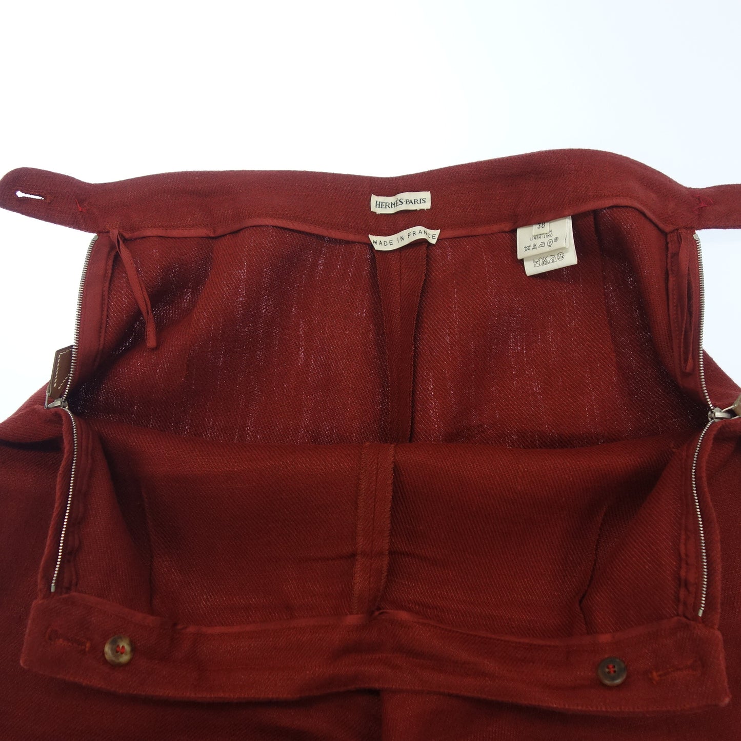 Hermes linen pants side zip leather pull Margiela period 3 ladies 38 red HERMES [AFB21] [Used] 